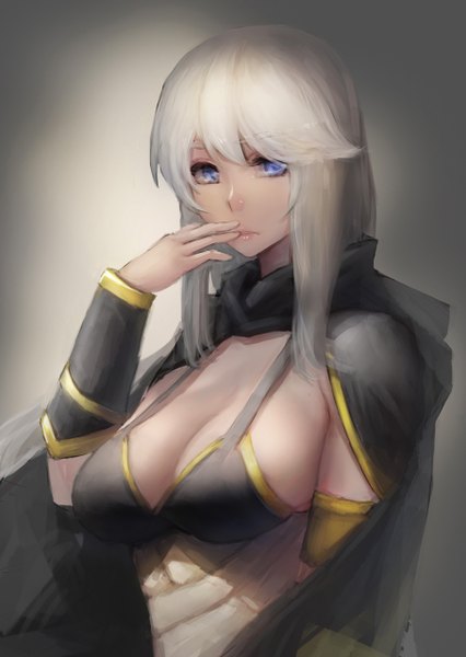 Anime picture 908x1280 with league of legends ashe (league of legends) pandea work single long hair tall image looking at viewer breasts blue eyes light erotic large breasts cleavage lips grey hair finger to mouth girl cape
