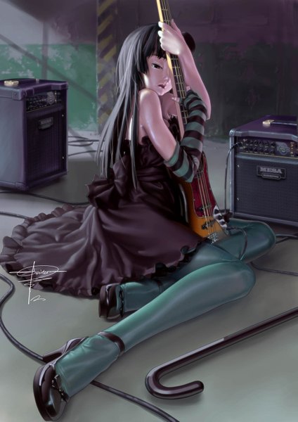 Anime picture 1131x1600 with k-on! kyoto animation akiyama mio geister single long hair tall image black hair sitting bare shoulders black eyes realistic high heels striped shiny jpeg artifacts asymmetrical clothes don't say "lazy" girl dress