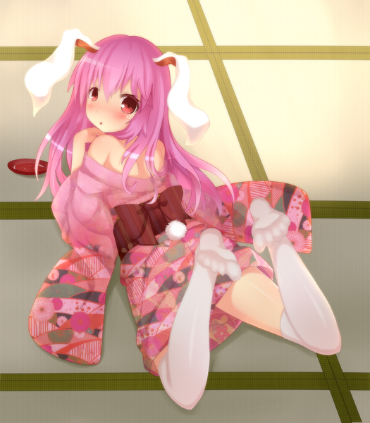 Anime picture 1200x1371 with touhou reisen udongein inaba loki 78 single long hair tall image blush red eyes pink hair traditional clothes japanese clothes bunny ears legs bunny girl girl thighhighs white thighhighs kimono obi