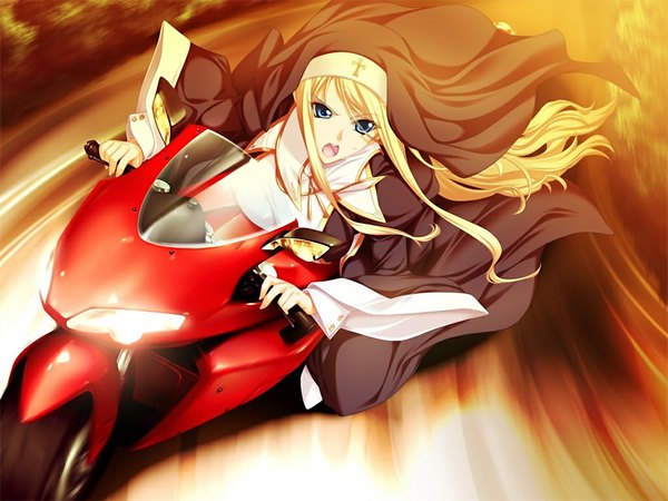 Anime picture 1024x768 with shiden enkan no kizuna (game) long hair open mouth blue eyes blonde hair game cg girl motorcycle