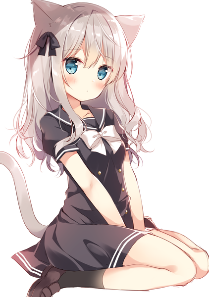 Anime picture 1000x1421 with original hoshi (snacherubi) single long hair tall image looking at viewer blush fringe blue eyes simple background white background sitting animal ears tail animal tail grey hair cat ears short sleeves cat girl cat tail