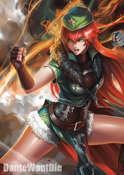 Anime picture 744x1053 with touhou hong meiling dantewontdie single tall image fringe open mouth yellow eyes looking away red hair very long hair arms up fighting stance aura girl gloves navel black gloves jacket belt
