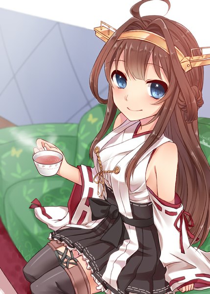 Anime picture 777x1087 with kantai collection pixiv kongou battleship yayoi (pixiv182527) single long hair tall image looking at viewer blush blue eyes smile brown hair sitting ahoge long sleeves traditional clothes japanese clothes nontraditional miko girl thighhighs