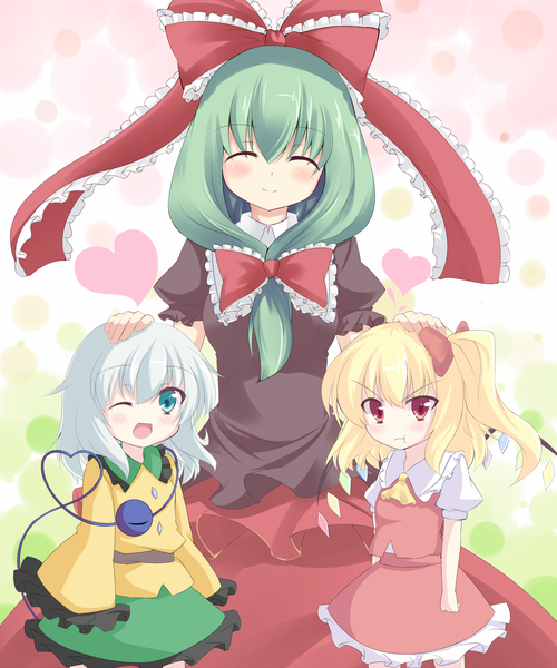 Anime picture 1250x1500 with touhou flandre scarlet komeiji koishi kagiyama hina kazami chiu long hair tall image blush short hair blonde hair red eyes multiple girls green eyes white hair one eye closed green hair wink one side up girl dress