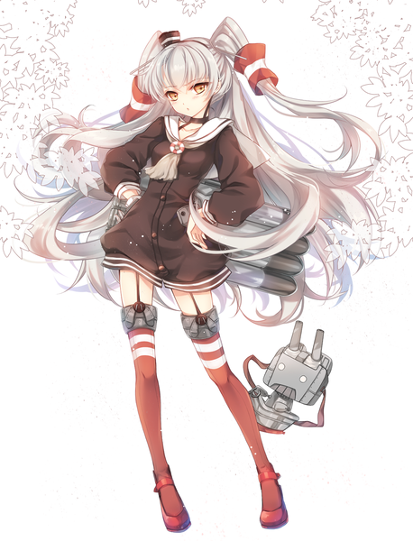 Anime picture 950x1244 with kantai collection amatsukaze destroyer rensouhou-kun ceru long hair tall image looking at viewer blush white background yellow eyes grey hair two side up hands on hips girl thighhighs uniform hair ornament flower (flowers) school uniform hat