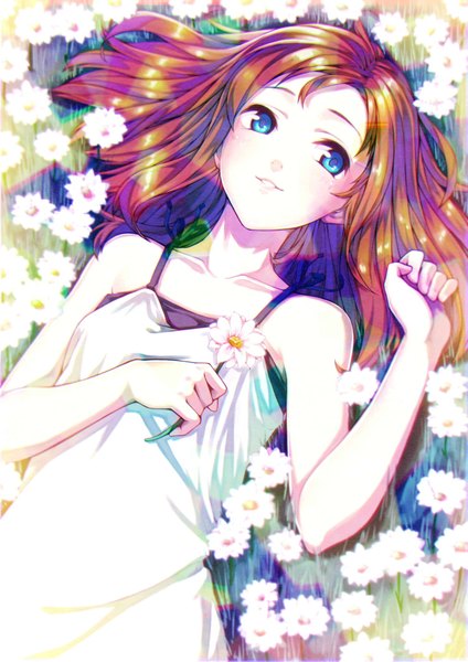 Anime picture 1500x2123 with original uyu (keyakinoki) single long hair tall image blue eyes smile bare shoulders looking away lying parted lips from above orange hair field girl dress flower (flowers) white dress