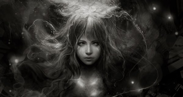 Anime picture 1279x680 with muju single long hair wide image realistic tears monochrome close-up girl jellyfish