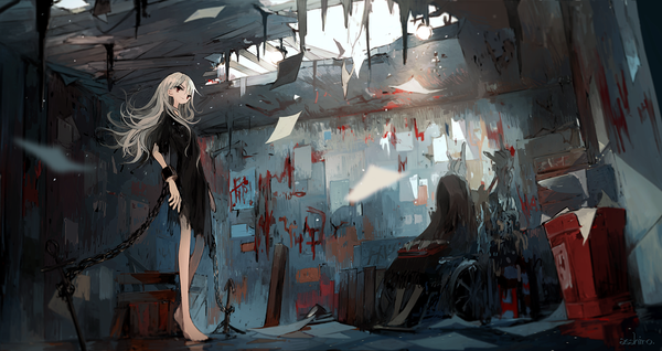 Anime picture 1320x700 with original asahiro long hair looking at viewer fringe red eyes wide image sitting multiple girls signed bent knee (knees) white hair indoors barefoot sunlight bare legs no shoes ruins blood stains girl