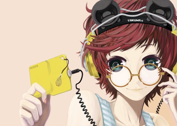 Anime picture 1168x832 with original ocaca (chocolate-hopper) short hair smile red eyes nail polish striped adjusting glasses girl glasses headphones wire (wires) digital media player cellphone strap