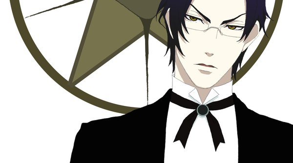 Anime picture 4665x2598 with kuroshitsuji a-1 pictures claude faustus purna single looking at viewer highres short hair open mouth black hair simple background wide image white background yellow eyes absurdres boy glasses bowtie suit