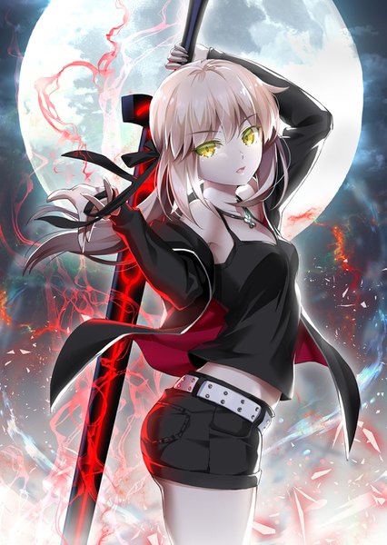Anime picture 1000x1409 with fate (series) fate/grand order fate/stay night artoria pendragon (all) saber alter suishougensou single long hair tall image looking at viewer fringe blonde hair hair between eyes standing holding yellow eyes payot parted lips night open jacket