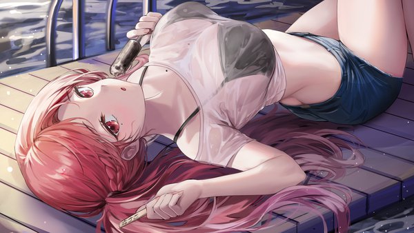 Anime picture 4096x2304 with original lillly single long hair looking at viewer blush fringe highres breasts light erotic red eyes wide image large breasts twintails holding absurdres red hair lying braid (braids) mole