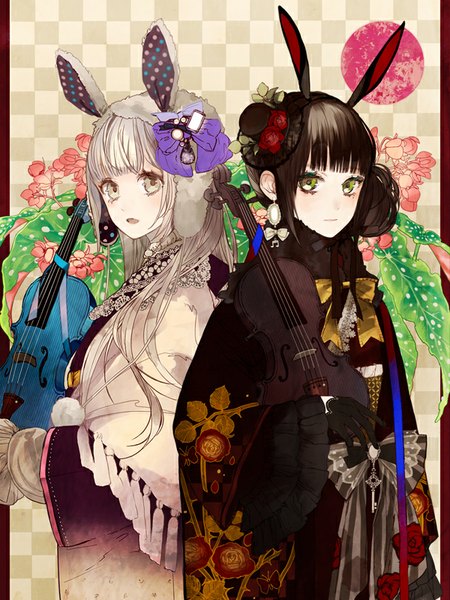 Anime picture 600x800 with original shikishima (eiri) long hair tall image looking at viewer fringe open mouth brown hair standing multiple girls green eyes animal ears grey hair grey eyes bunny ears girl gloves flower (flowers) bow 2 girls