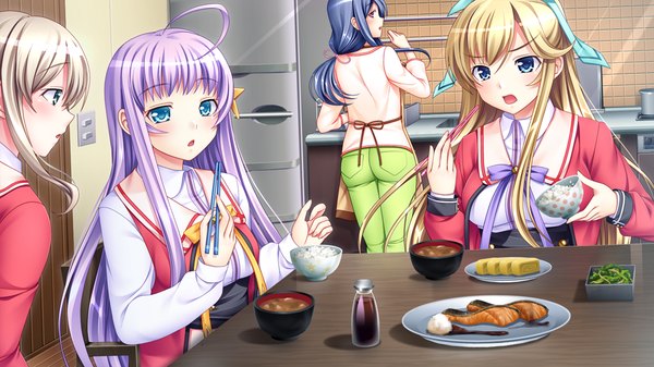 Anime picture 1024x576 with papa love 2kenme long hair open mouth blue eyes blonde hair red eyes wide image multiple girls blue hair game cg purple hair girl uniform school uniform food 4 girls