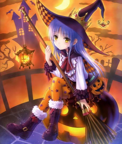 Anime picture 2144x2521 with angel beats! key (studio) tachibana kanade goto p single long hair tall image looking at viewer blush highres yellow eyes blue hair scan official art crossed legs halloween witch girl dress hat