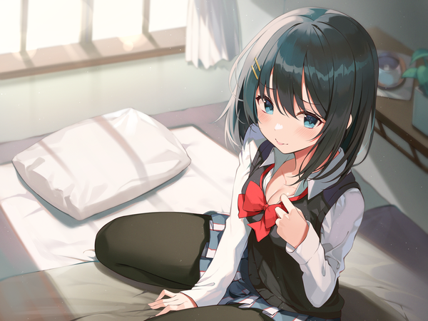 Anime picture 3200x2400 with original ale nqki single looking at viewer blush fringe highres short hair black hair hair between eyes sitting absurdres cleavage bent knee (knees) indoors long sleeves pleated skirt sunlight arm support shadow