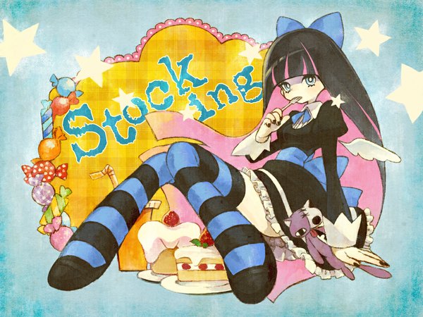 Anime picture 1000x750 with panty & stocking with garterbelt anarchy stocking honekoneko cako asida ashida cako long hair looking at viewer blue eyes simple background sitting nail polish multicolored hair inscription two-tone hair blue background colored inner hair angel wings black nail polish girl thighhighs