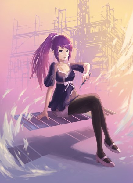 Anime picture 2550x3509 with bakemonogatari shaft (studio) monogatari (series) senjougahara hitagi haoni single long hair tall image highres sitting purple eyes looking away purple hair ponytail girl pantyhose choker shoes