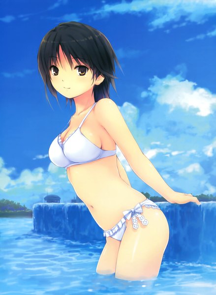 Anime picture 4757x6500 with original coffee-kizoku single tall image highres short hair breasts light erotic black hair brown eyes absurdres sky cloud (clouds) scan girl navel swimsuit bikini