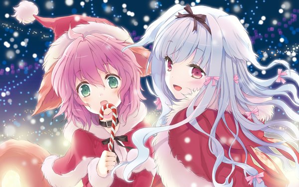 Anime picture 1920x1200 with wanko to lily wanko lily (w&l) cuteg long hair fringe highres short hair open mouth red eyes wide image multiple girls green eyes animal ears blue hair pink hair wallpaper fur trim christmas winter