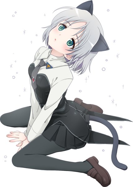 Anime picture 679x951 with strike witches sanya v. litvyak mochiya marosuke single tall image blush short hair white background sitting green eyes animal ears silver hair tail animal tail from above cat ears sparkle cat girl cat tail wariza