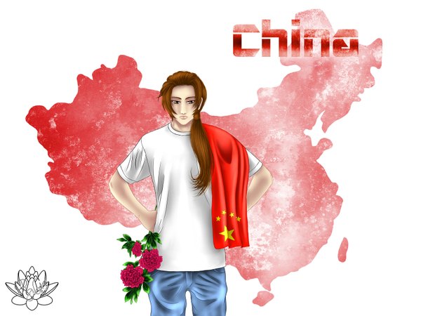 Anime picture 1600x1200 with axis powers hetalia studio deen china (hetalia) yaroslavapanina single long hair simple background brown hair white background brown eyes ponytail boy flower (flowers) scarf star (symbol) t-shirt card (cards) jeans flag blue jeans