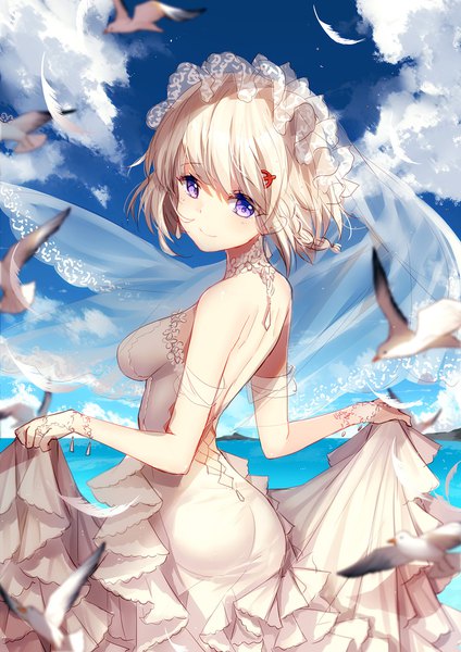 Anime picture 800x1131 with warship girls r sovetsky soyuz (warship girls r) bison cangshu single tall image looking at viewer short hair light erotic blonde hair purple eyes bare shoulders sky cloud (clouds) braid (braids) depth of field girl dress gloves animal white gloves