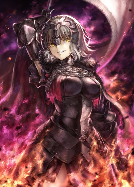 Anime picture 1238x1731 with fate (series) fate/grand order jeanne d'arc (fate) (all) jeanne d'arc alter (fate) mashuu (neko no oyashiro) single tall image looking at viewer fringe short hair breasts smile hair between eyes holding yellow eyes silver hair ahoge parted lips arm up teeth