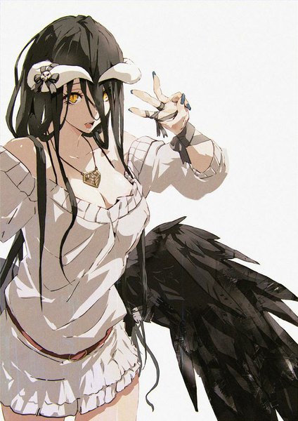 Anime picture 700x990 with overlord (maruyama) madhouse albedo (overlord) so-bin single long hair tall image looking at viewer open mouth black hair simple background standing white background bare shoulders yellow eyes nail polish arm up horn (horns) official art happy