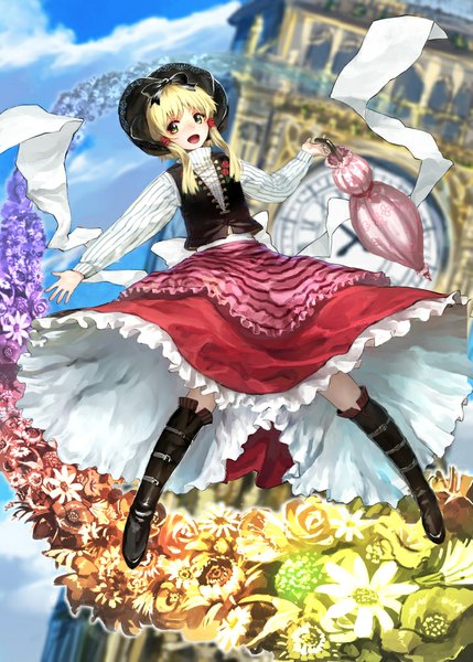 Anime picture 715x1000 with touhou moriya suwako benitama single tall image short hair open mouth blonde hair green eyes looking away sky cloud (clouds) flying closed umbrella girl flower (flowers) hat umbrella knee boots vest