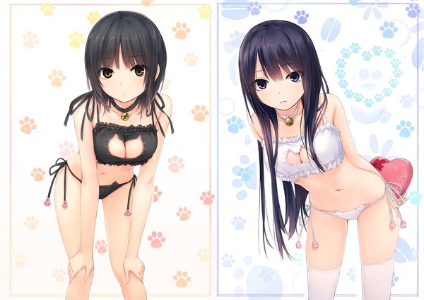 Anime picture 2264x1600 with original aoyama sumika shiramine rika coffee-kizoku long hair blush fringe highres breasts blue eyes light erotic black hair hair between eyes large breasts standing white background multiple girls brown eyes blue hair parted lips
