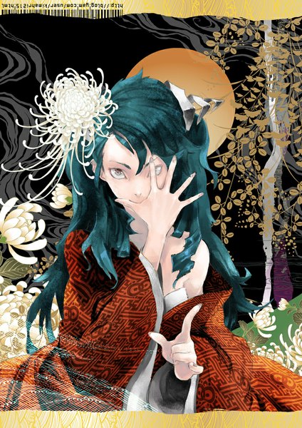 Anime picture 707x1000 with original kimahri215 single long hair tall image looking at viewer brown eyes traditional clothes japanese clothes hair flower green hair inscription girl hair ornament flower (flowers) plant (plants) tree (trees) kimono moon