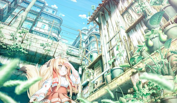 Anime picture 3507x2046 with original shiro dai kitsune long hair blush highres blonde hair wide image holding animal ears yellow eyes looking away absurdres cloud (clouds) tail traditional clothes parted lips japanese clothes animal tail from below fox ears