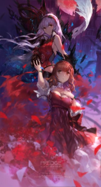Anime picture 1535x2835 with yoru no nai kuni arnas (yoru no nai kuni) lyuritis (yoru no nai kuni) swd3e2 long hair tall image fringe breasts brown hair large breasts bare shoulders multiple girls holding brown eyes signed looking away silver hair light smile blurry :o