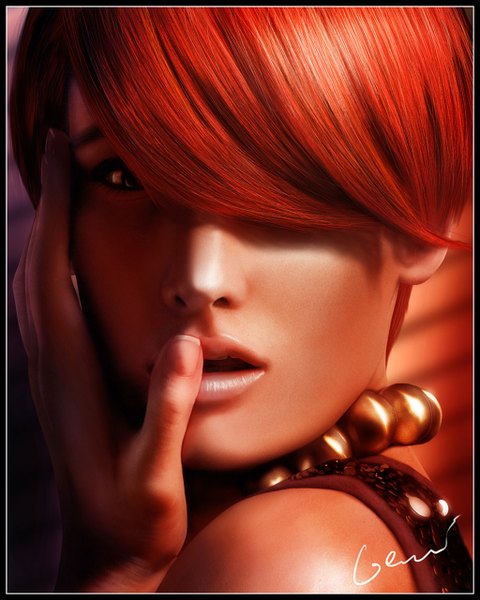 Anime picture 1024x1280 with original gerald jelitto tall image fringe short hair open mouth red hair lips black eyes hair over one eye realistic finger to mouth portrait face girl beads