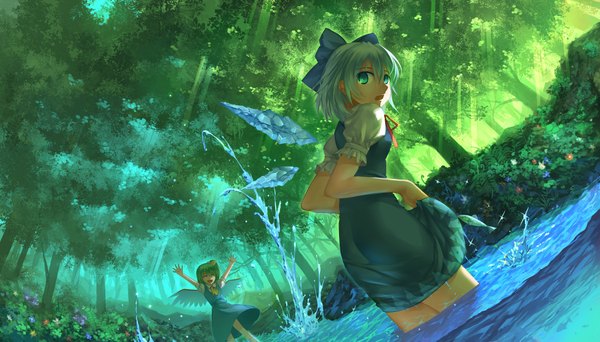 Anime picture 3900x2223 with touhou cirno daiyousei madcocoon long hair highres short hair blue eyes wide image multiple girls absurdres eyes closed green hair sunlight aqua hair turning head happy river fisheye girl
