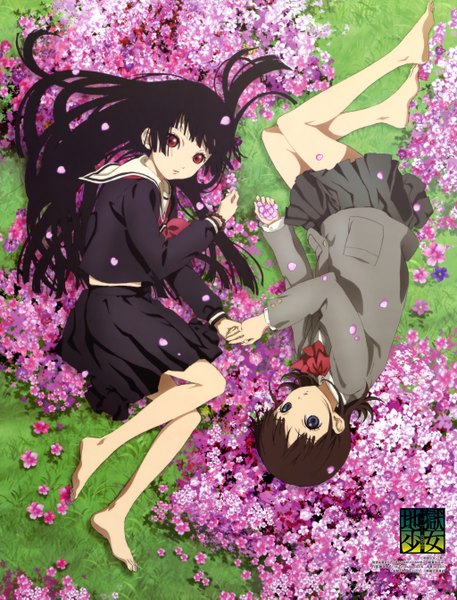 Anime picture 4094x5370 with hell girl studio deen enma ai mikage yuzuki tall image highres short hair blue eyes black hair red eyes multiple girls signed absurdres no shoes holding hands upside down rotational symmetry girl uniform flower (flowers)