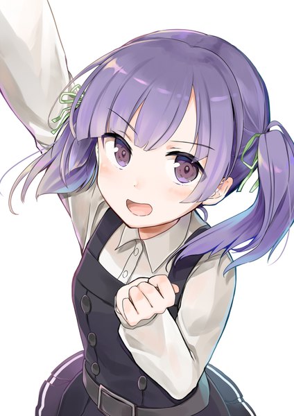 Anime picture 706x1000 with kantai collection ooshio destroyer yuna (yukiyuna) single tall image looking at viewer blush fringe short hair open mouth simple background white background purple eyes twintails purple hair arm up from above short twintails remodel (kantai collection) girl