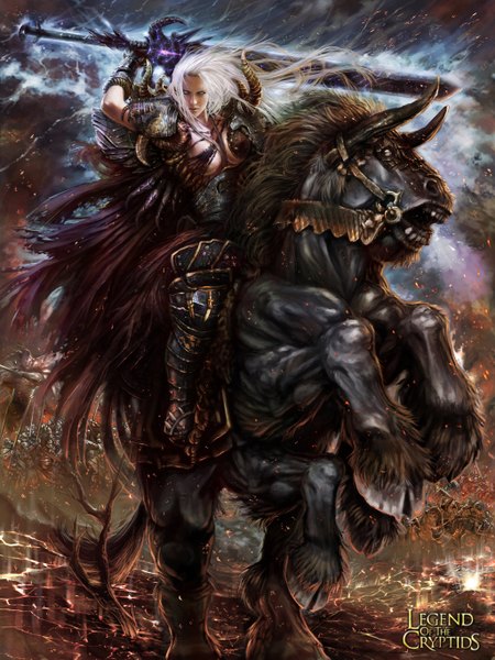 Anime picture 1024x1365 with legend of the cryptids thebastardson (artist) single long hair tall image white hair horn (horns) realistic inscription torn clothes blank eyes girl gloves weapon animal sword elbow gloves armor horse