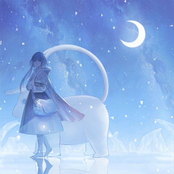 Anime picture 1000x998 with original sime (echo) single long hair looking at viewer fringe holding aqua eyes aqua hair snowing reflection winter snow crescent girl dress animal hood moon bag