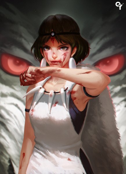 Anime picture 1500x2065 with mononoke hime studio ghibli san moro no kimi liang xing tall image looking at viewer fringe short hair red eyes brown hair brown eyes arm up lips realistic teeth shadow midriff fang (fangs) sleeveless