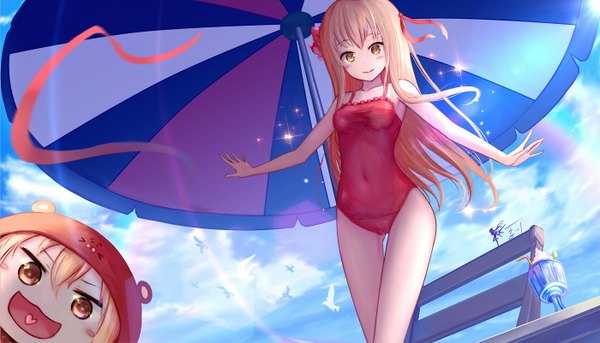 Anime picture 1400x802 with himouto! umaru-chan doga kobo doma umaru komaru wangchuan de quanyan long hair looking at viewer fringe breasts open mouth blonde hair smile wide image standing multiple girls brown eyes signed sky cloud (clouds) sunlight