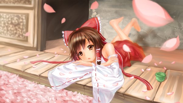 Anime picture 1920x1080 with touhou hakurei reimu single long hair looking at viewer fringe highres open mouth brown hair wide image brown eyes lying on stomach girl dress bow ribbon (ribbons) hair bow hair ribbon detached sleeves