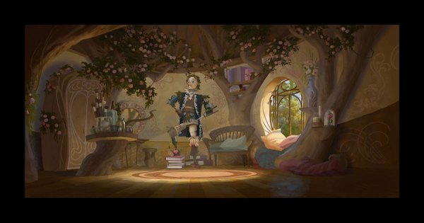 Anime picture 1200x631 with enchanted christophe vacher (artist) single short hair wide image hand on hip light fantasy nature boy flower (flowers) plant (plants) tree (trees) window pillow book (books) table armchair mirror room