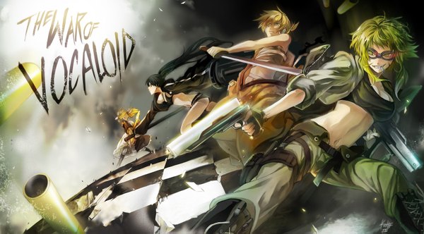 Anime picture 1500x831 with black rock shooter bokura no 16bit sensou vocaloid meltdown (vocaloid) gekokujou (vocaloid) kagamine rin kagamine len gumi black rock shooter (character) rahwia black hair blonde hair wide image green hair checkered floor smoking girl weapon sword glasses