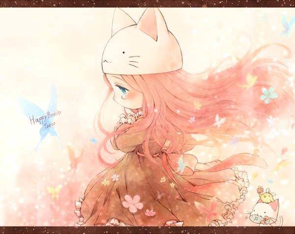 Anime picture 1256x1000 with vocaloid toeto (vocaloid) megurine luka megurine luka (toeto) nim (pixiv) long hair blush blue eyes pink hair profile tears chibi happy birthday girl dress insect butterfly cat cap animal hat