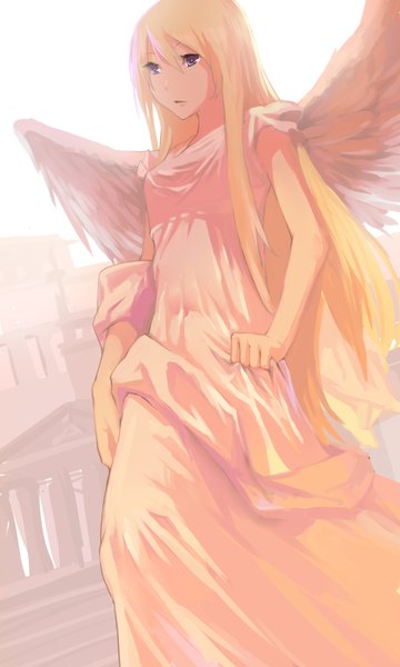 Anime picture 1200x2000 with original exe336 single long hair tall image open mouth blue eyes blonde hair angel wings walking dress lift girl dress wings building (buildings)