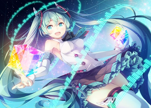 Anime picture 1600x1143 with vocaloid magical mirai (vocaloid) hatsune miku magical mirai miku magical mirai miku (2017) matsuuni single looking at viewer blush fringe open mouth hair between eyes twintails very long hair nail polish aqua eyes aqua hair dutch angle zettai ryouiki happy