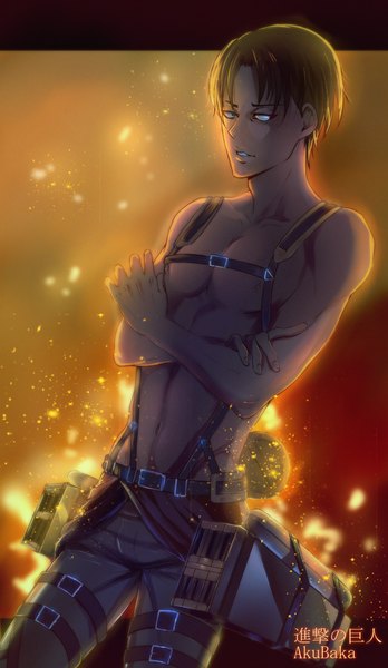 Anime picture 587x1011 with shingeki no kyojin production i.g levi (rivaille) akubaka single tall image short hair brown hair signed glowing topless crossed arms muscle boy navel weapon belt thigh strap