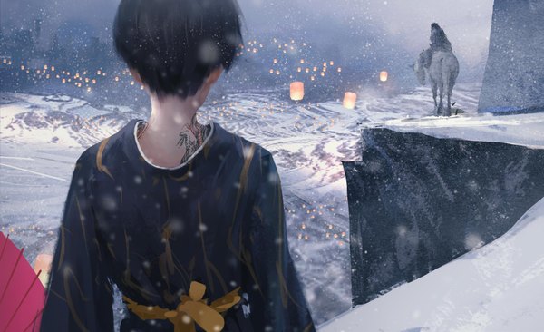 Anime picture 1943x1186 with ghost blade jade (ghost blade) ghostblade wlop highres short hair black hair wide image standing from behind blurry tattoo snowing winter snow rock fog riding girl animal